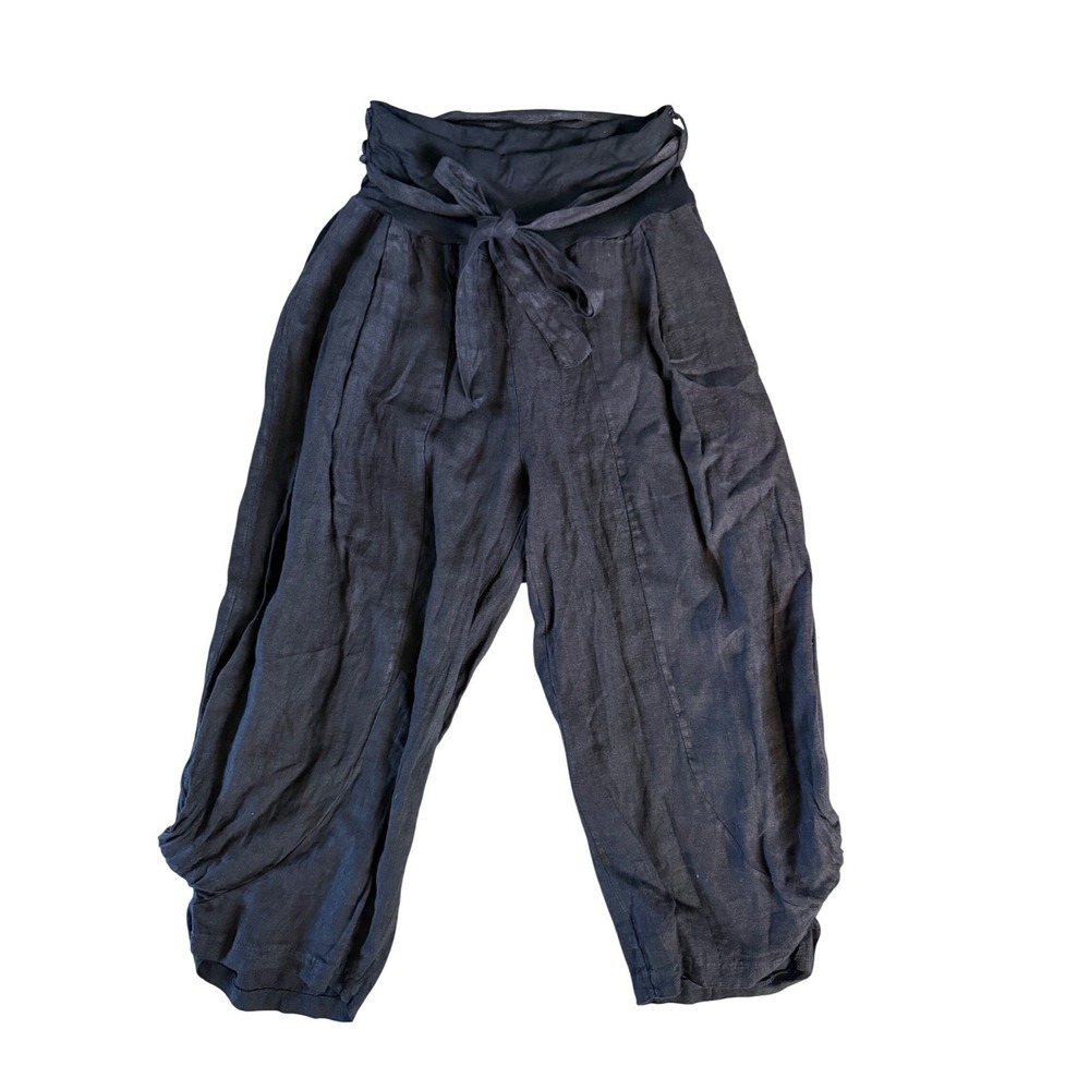 Meo Meli Black 100% Linen Ankle Pants Elastic Waist Tie Front High Rise Relaxed